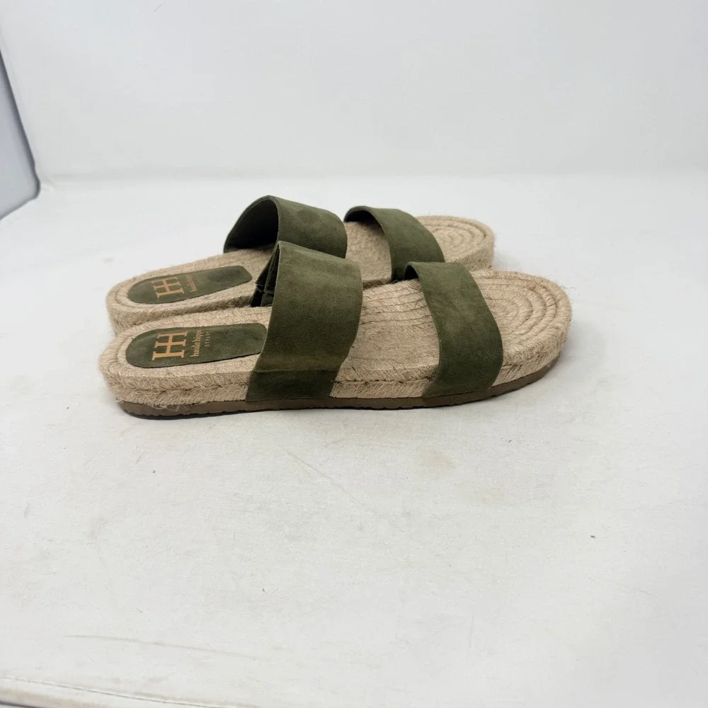 Haute Hippie Nori Espadrille Slide Sandals Suede Double Strap Olive Green Flat